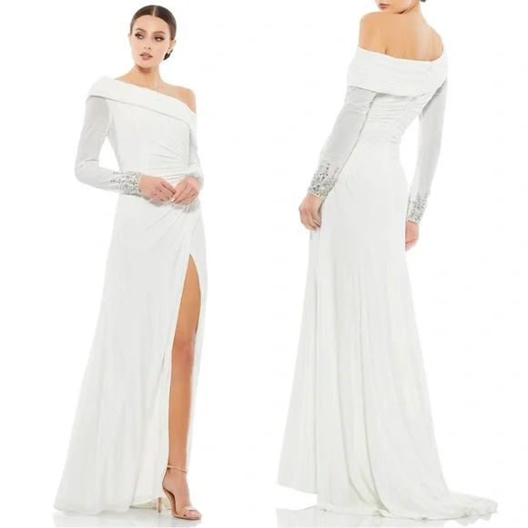 Mac Duggal 12231 Beaded Cuff Drop Shoulder Faux Wrap Gown NWT - Picture 1 of 1